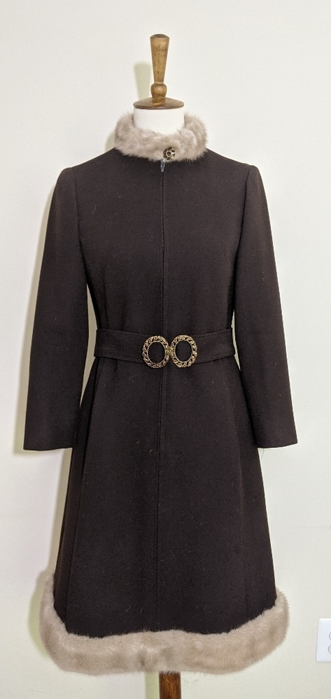 Vintage mink fur trim brown dress coat Sz XS